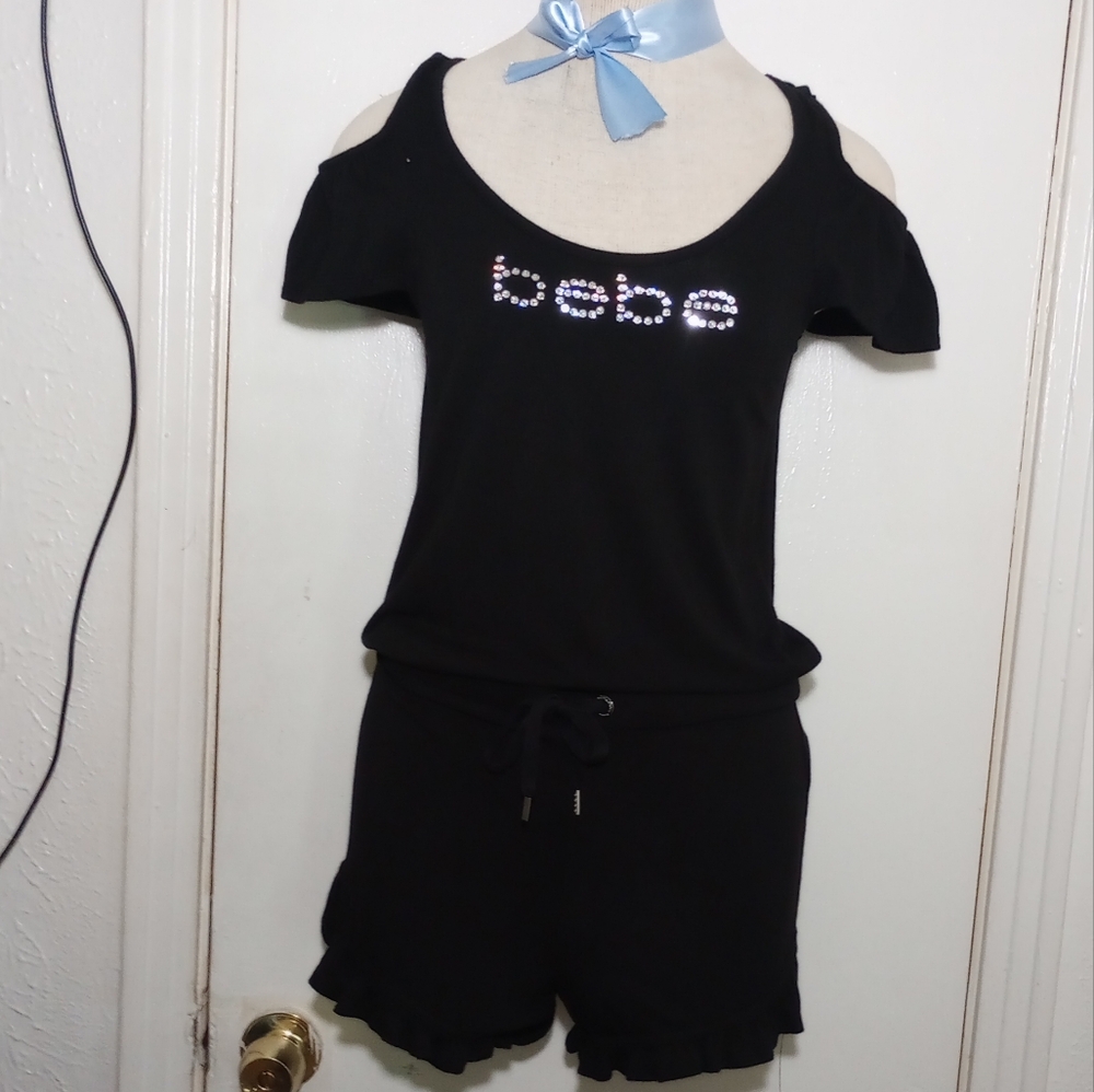 Bebe Black Cold Shoulders Drawstring Waistline Ro… - image 4